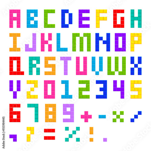 ABC digital type colorful, blocks geometric pixel font, brick alphabet for child, letter fun