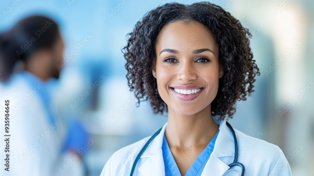 Smiling female doctor in a medical office, wearing a white coat and stethoscope, focusing on providing healthcare services. Smiling female doctor in a medical office, wearing a white coat and stethoscope, focusing on providing healthcare services.