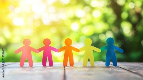 A group of colorful paper people holding hands on a wooden surface