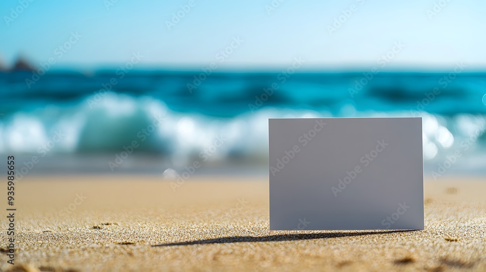 tropical beach scene, blank white card on sand, turquoise ocean waves, clear blue sky, copy space for text, golden sand, sunny day, seaside atmosphere. tropical beach scene, blank white card on sand, turquoise ocean waves, clear blue sky, copy space for text, golden sand, sunny day, seaside atmosphere.