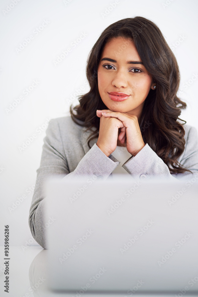 Portrait, business and woman with laptop, finance clerk and consultant on white studio background. Face, person and employee with pc, online system and accounting report with admin and professional Portrait, business and woman with laptop, finance clerk and consultant on white studio background. Face, person and employee with pc, online system and accounting report with admin and professional
