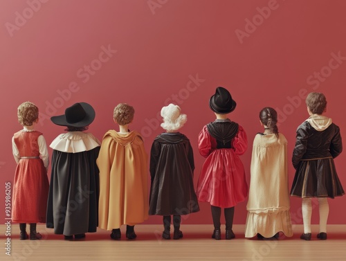 A group of children dressed in costumes stand in a line. The costumes include a hat, a cape, and a dress. The children are all different sizes and are standing next to each other