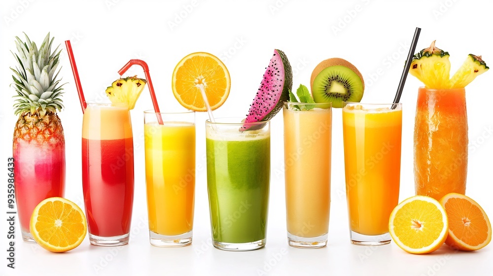 Fototapeta premium Assortment of Colorful Fruit Juices in Glasses