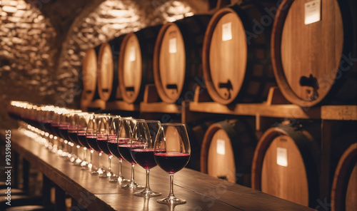 A row of wine glasses sit on a wooden counter in front of a wall of wine barrels
