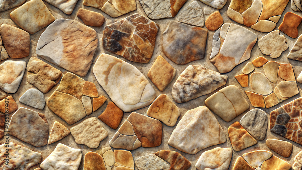 Natural Stone Mosaic Surface with Varied Shapes and Earth Tones in Decorative Masonry Natural Stone Mosaic Surface with Varied Shapes and Earth Tones in Decorative Masonry