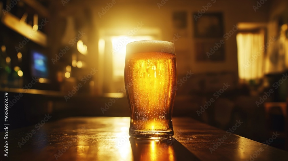 Beer in a glass, golden in color, with a frothy head, softly illuminated by warm light for a cozy feel. Beer in a glass, golden in color, with a frothy head, softly illuminated by warm light for a cozy feel.