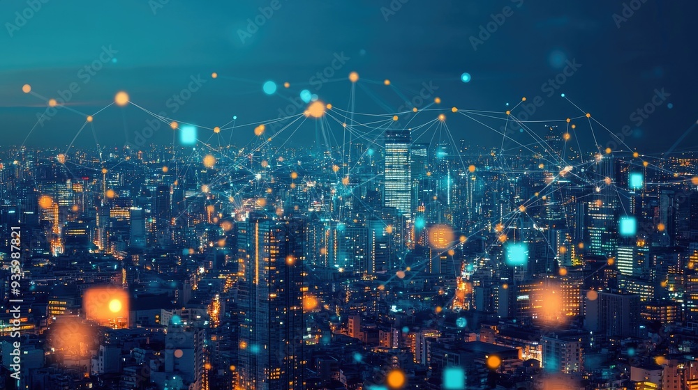 Fototapeta premium Big data connection technology. Cityscape telecommunication and communication network concept.