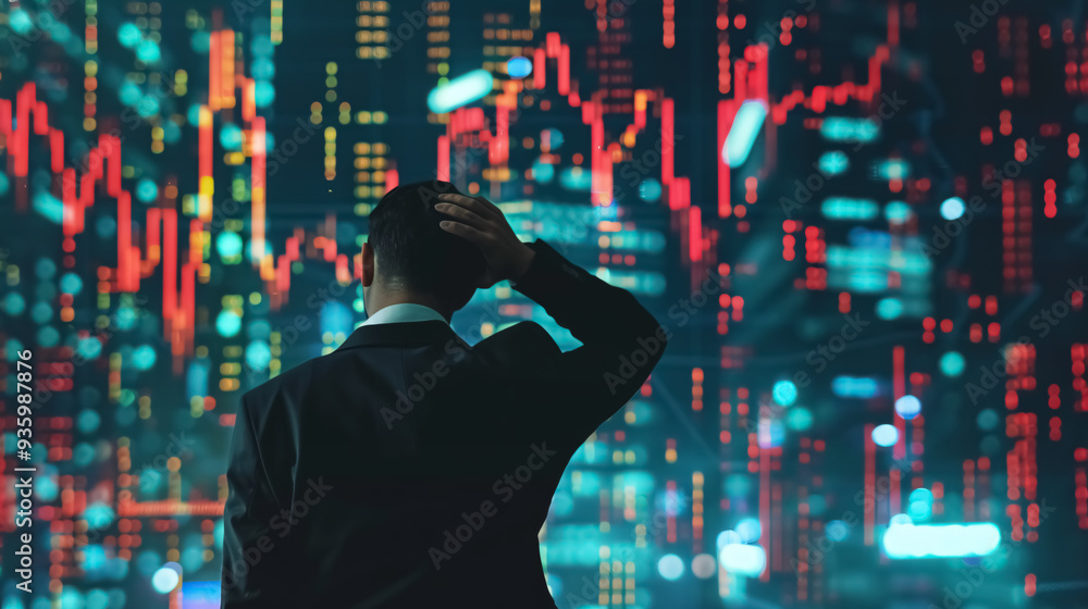 Economic collapse concept: A businessman with a falling financial graph chart, illustrating Economic collapse concept: A businessman with a falling financial graph chart, illustrating