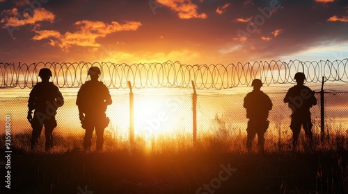 Silhouetted soldiers standing guard near a barbed wire fence at sunset, representing military vigilance and border security.