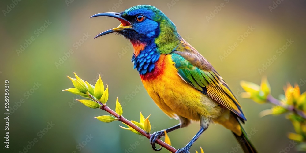 Fototapeta premium Close up of a vibrant Bokmakierie bird singing in the wild , bird, Bokmakierie, wildlife, nature, colorful, feathers