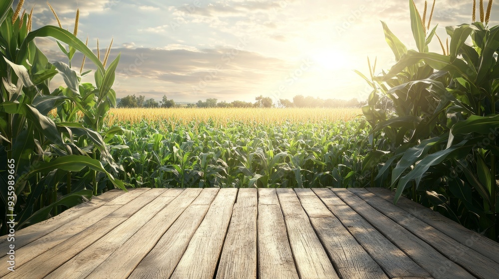 3D illustration of sweet corn field and wooden table at agriculture corn, with free space for texts and branding. 3D illustration of sweet corn field and wooden table at agriculture corn, with free space for texts and branding.