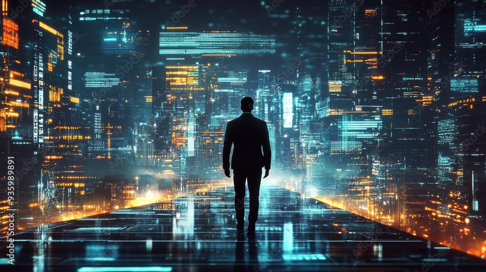 Business technology concept, Professional business man walking on future Pattaya city background and futuristic interface graphic at night, Cyberpunk color style Business technology concept, Professional business man walking on future Pattaya city background and futuristic interface graphic at night, Cyberpunk color style