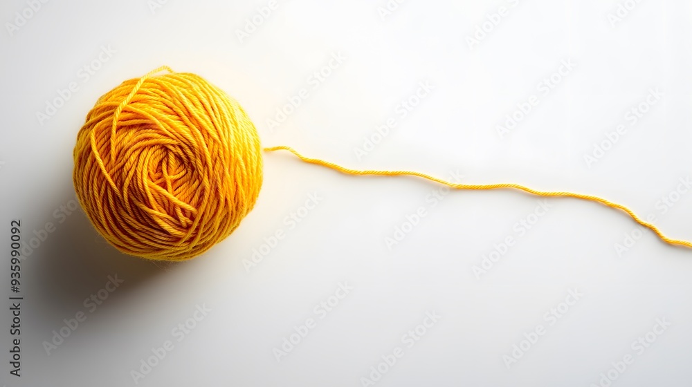 yellow yarn ball, single ball of wool, unwinding thread, curvy string path, white background, copy space for text, minimal composition, crisp details, product photography. yellow yarn ball, single ball of wool, unwinding thread, curvy string path, white background, copy space for text, minimal composition, crisp details, product photography.