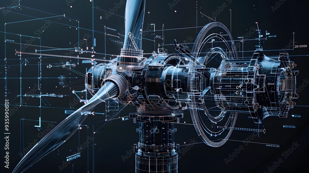 custom made wallpaper toronto digital A detailed schematic of a wind turbine, with exploded views showing the internal gears, rotors, and wiring, highlighted with subtle lighting effects.