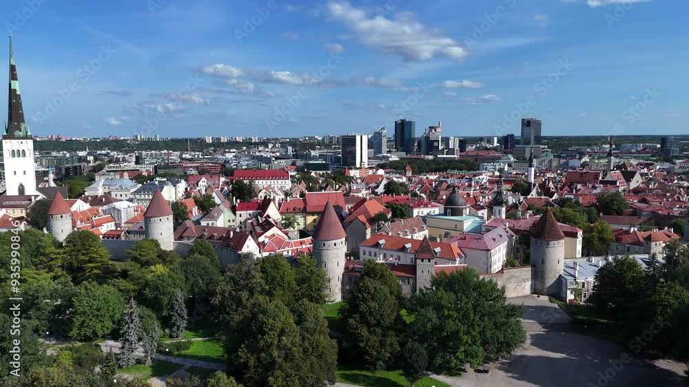 Aerial View of Tallinn Old Town, Estonia. Drone view of Tallinn Old Town's historic buildings and medieval architecture, Estonia.