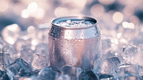 Can of cold beverage in a bed of ice cubes, with condensation forming, creating a cool and refreshing look. photo