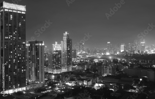 Monochrome Image of Bangkok Downtown Skyline at Night