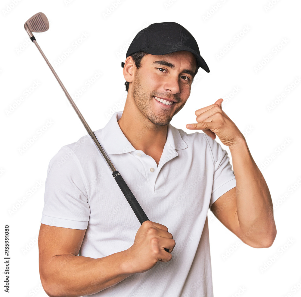 Young Hispanic man with golf club showing a mobile phone call gesture with fingers. Young Hispanic man with golf club showing a mobile phone call gesture with fingers.
