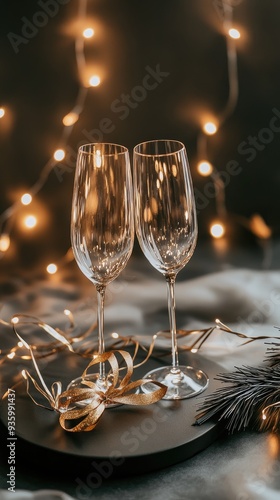 Champagne bottles and elegant glasses sit on a table, embellished with golden ribbons, all set against a dreamy backdrop of sparkling lights to enhance a festive atmosphere photo