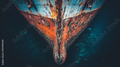 Transportation industry. Freight transportation. Ship repair, underwater survey and shipping business concept. Propeller and rudder of a big ship underway from underwater. Close up image detail of photo