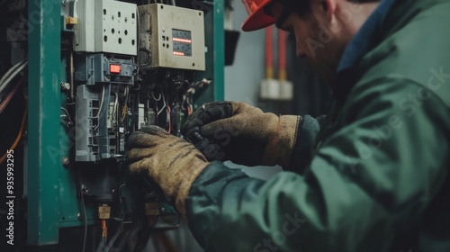 A tripped circuit breaker on a control panel is turned back on photo