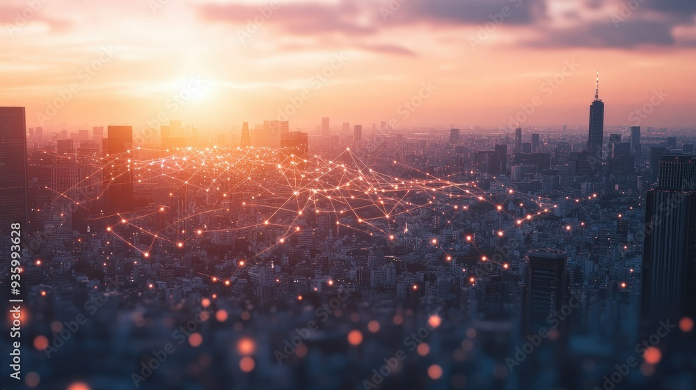 Fototapeta premium City scape and network icon connection concept