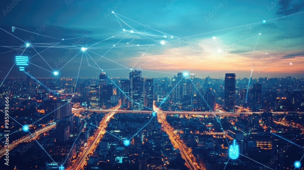 Fototapeta premium City scape and network icon connection concept