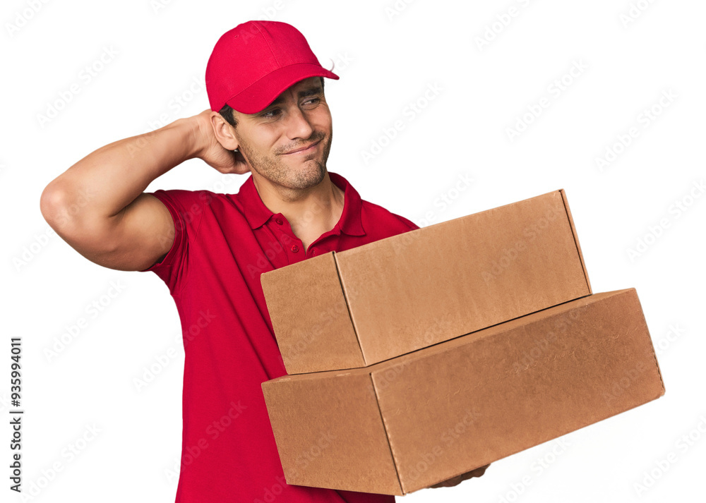 Young Hispanic delivery man with boxes touching back of head, thinking and making a choice. Young Hispanic delivery man with boxes touching back of head, thinking and making a choice.