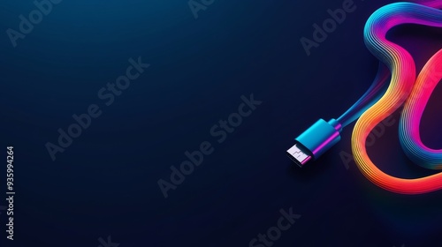 This is a 3D charger cable ad template. There is a charger cable with both type C adapters circled along with a trail of neon lights. It conveys the idea of fast charging. photo