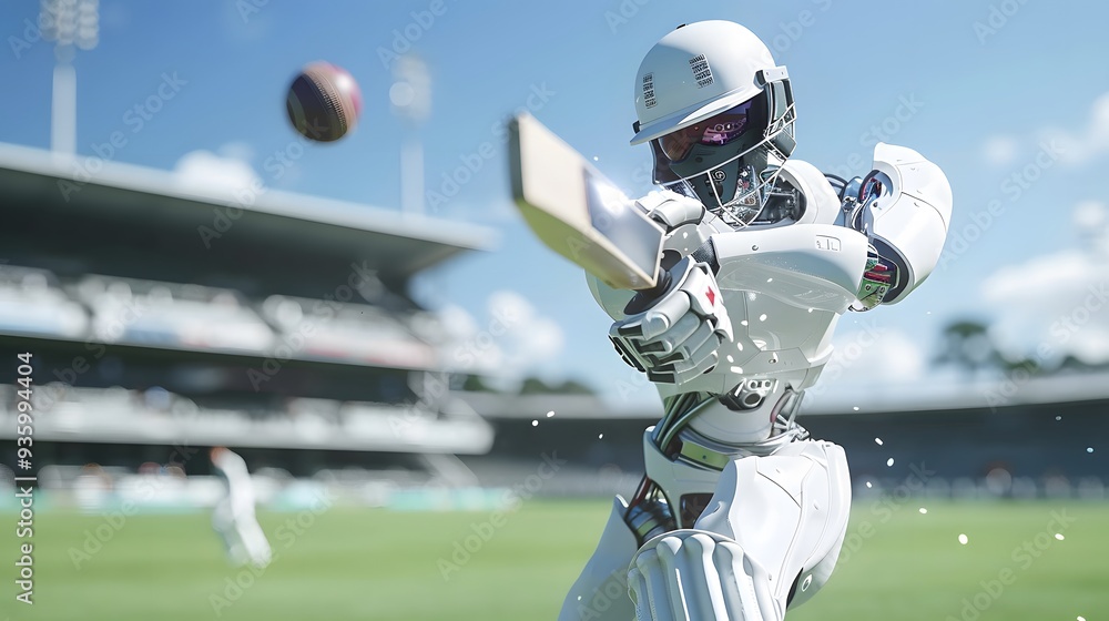 Robot Cricketer Hitting Ball: A robot cricketer executing a perfect stroke, sending the ball flying across the field. Robot Cricketer Hitting Ball: A robot cricketer executing a perfect stroke, sending the ball flying across the field.