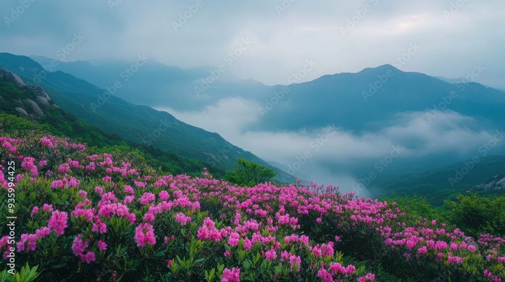 Mountain Landscape with Pink Flowers and Mist Mountain Landscape with Pink Flowers and Mist
