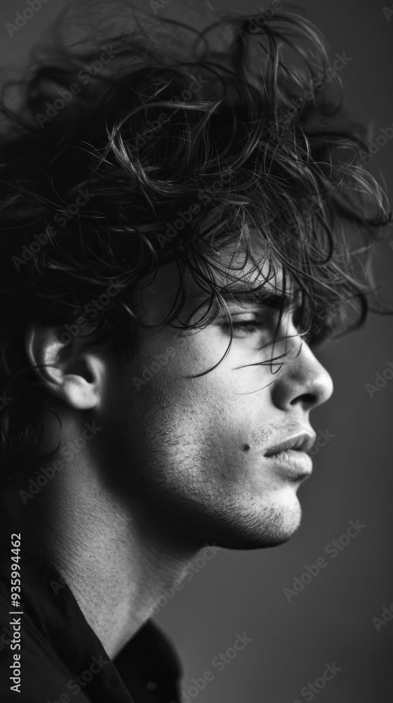 The striking profile of a man emerges in monochrome light, highlighting his chiseled features and expressive gaze, evoking a sense of contemplation and allure The striking profile of a man emerges in monochrome light, highlighting his chiseled features and expressive gaze, evoking a sense of contemplation and allure