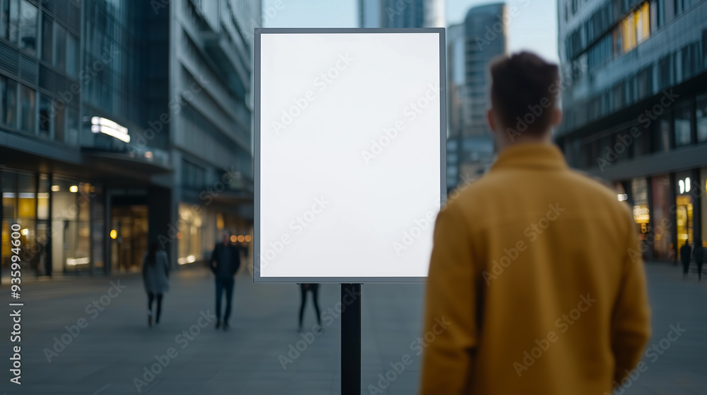 man looking at blank white billboard mockup on the city walk street man looking at blank white billboard mockup on the city walk street