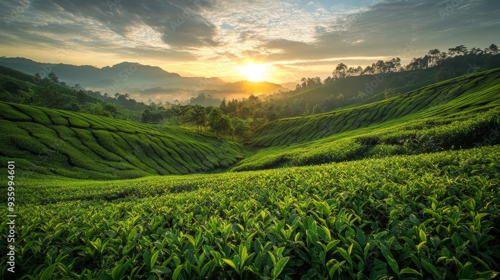Sunrise illuminates a lush green tea plantation, casting a tranquil ambiance over the serene landscape. Sunrise illuminates a lush green tea plantation, casting a tranquil ambiance over the serene landscape.