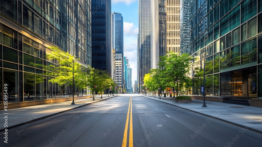 Obraz premium Close up clean empty road on modern office of city building buildings. AI generated image