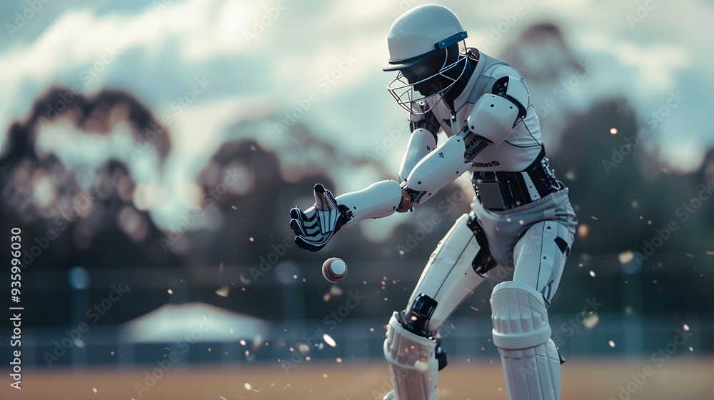 Robot Cricketer Hitting Ball: A robot cricketer executing a perfect stroke, sending the ball flying across the field. Robot Cricketer Hitting Ball: A robot cricketer executing a perfect stroke, sending the ball flying across the field.