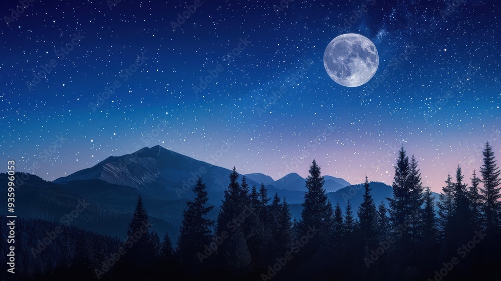 A captivating night background with a clear starry sky, a full moon casting a soft glow, and silhouettes of trees and mountains creating a tranquil and mysterious ambiance A captivating night background with a clear starry sky, a full moon casting a soft glow, and silhouettes of trees and mountains creating a tranquil and mysterious ambiance