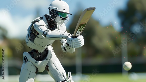 Robot Cricketer Hitting Ball: A robot cricketer executing a perfect stroke, sending the ball flying across the field.