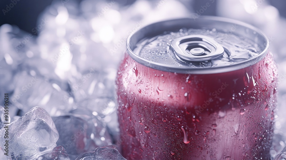 Cold drink can among ice cubes, condensation visible, evoking a sense of cool refreshment on a hot day. Cold drink can among ice cubes, condensation visible, evoking a sense of cool refreshment on a hot day.