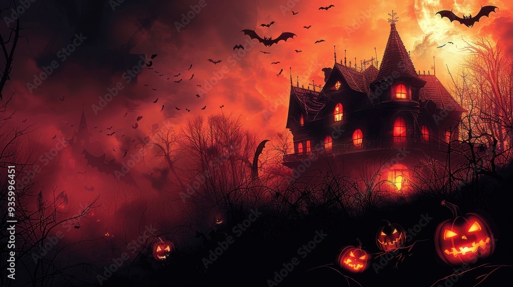 A spooky Halloween background with a haunted house, glowing jack-o'-lanterns, bats flying in the night sky, and eerie shadows lurking in the dark, creating a chilling and thrilling atmosphere A spooky Halloween background with a haunted house, glowing jack-o'-lanterns, bats flying in the night sky, and eerie shadows lurking in the dark, creating a chilling and thrilling atmosphere