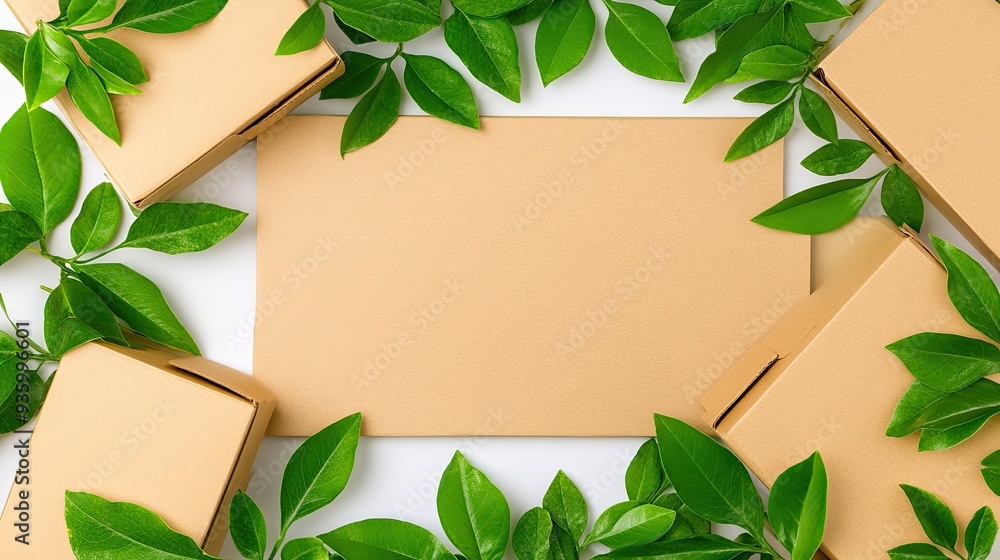 Small green leaves are scattered among numerous cardboard boxes on a tabletop, creating a clean and inviting flat lay arrangement with a feminine touch Small green leaves are scattered among numerous cardboard boxes on a tabletop, creating a clean and inviting flat lay arrangement with a feminine touch