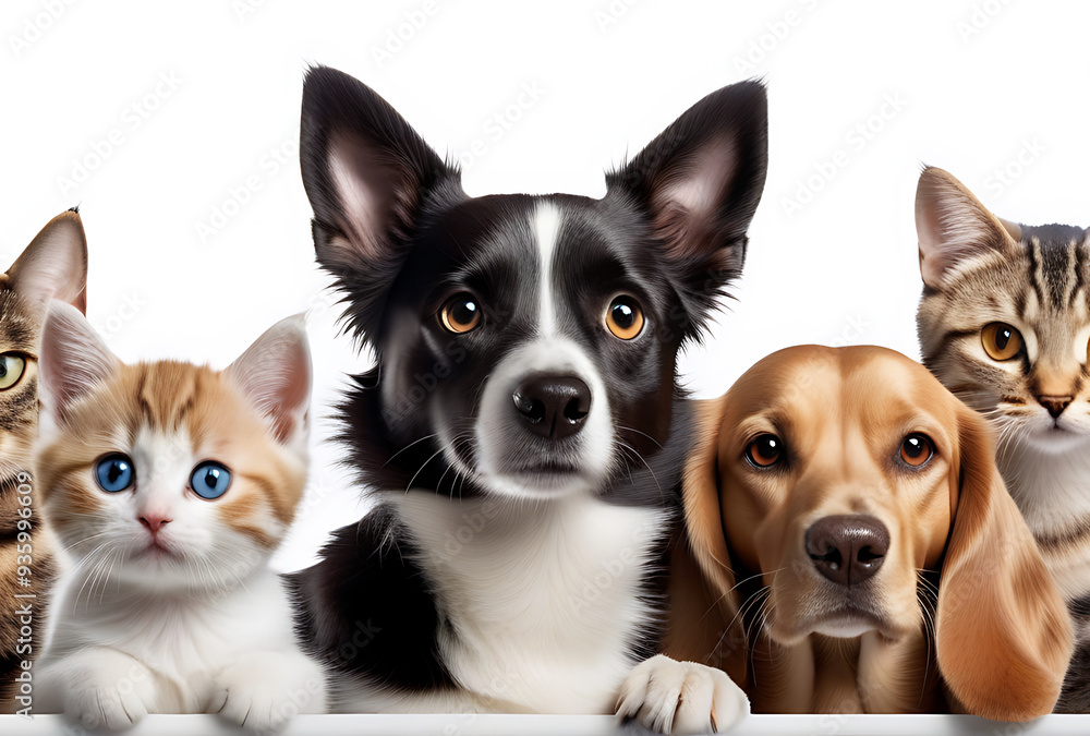 cats dogs peeking white edge creating web banner white background cats dogs peeking white edge creating web banner white background
