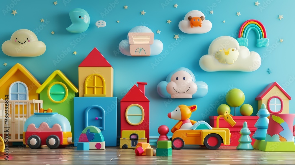 Colorful Toy Scene with Building Blocks and Cloud Wall Decor Colorful Toy Scene with Building Blocks and Cloud Wall Decor