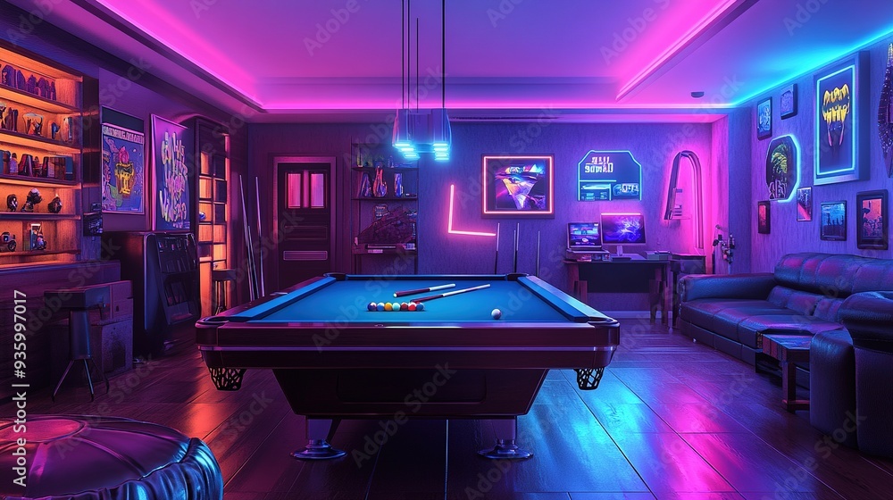 Gaming room with neon light and billiards table. copy space for text. Gaming room with neon light and billiards table. copy space for text.