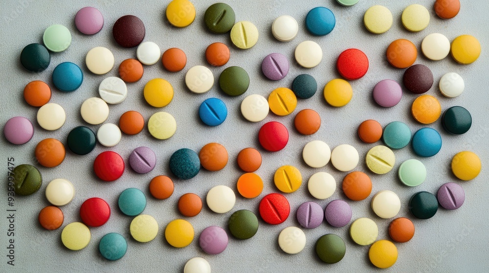 Obraz premium Colorful assortment of pills scattering across a light grey backdrop, forming a vibrant and dynamic arrangement.