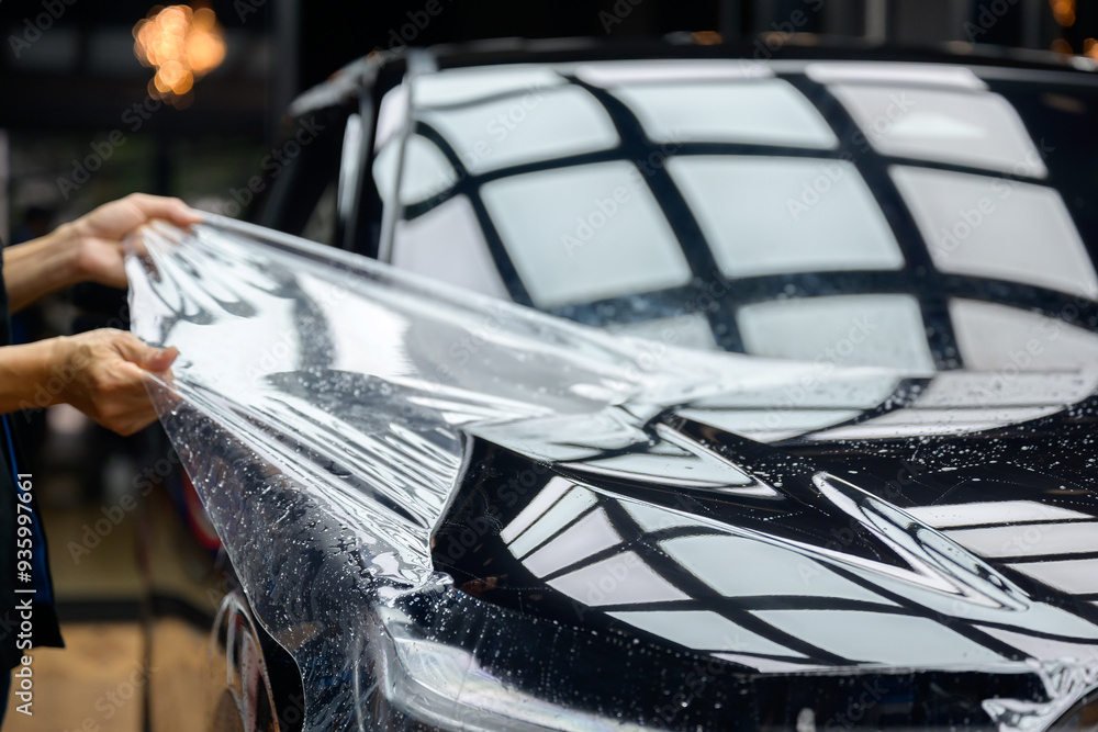 custom made wallpaper toronto digitalA worker is applying transparent film to a car to protect it from gravel and scratches on the hood of a black car. Applying transparent paint protection film