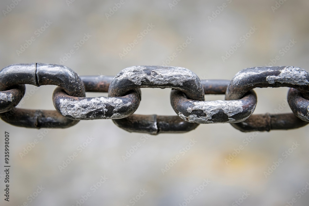 Close-up view of weathered metal chain links, showcasing the texture and wear of each individual link while emphasizing strength and connectivity Close-up view of weathered metal chain links, showcasing the texture and wear of each individual link while emphasizing strength and connectivity