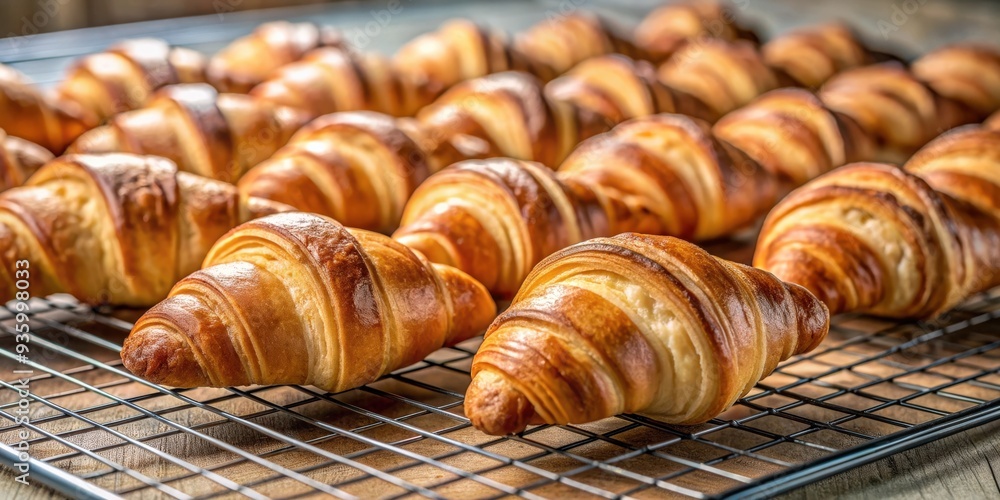 Croissants cooling on a wire rack, baking, pastry, French, breakfast, delicious, golden, buttery, flaky, homemade, gourmet, fresh Croissants cooling on a wire rack, baking, pastry, French, breakfast, delicious, golden, buttery, flaky, homemade, gourmet, fresh