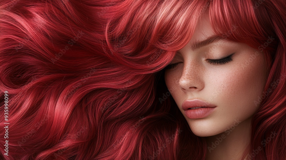 Obraz premium A young woman with luscious, flowing red hair and delicate freckles closes her eyes, exuding serenity and beauty.