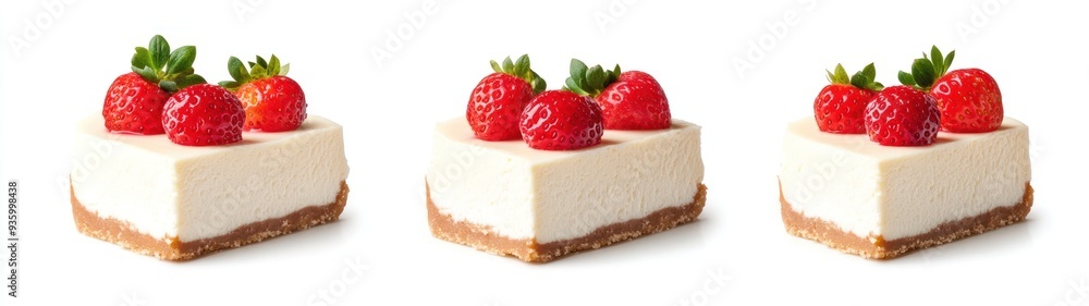 Three Slices of Cheesecake Topped with Strawberries Three Slices of Cheesecake Topped with Strawberries